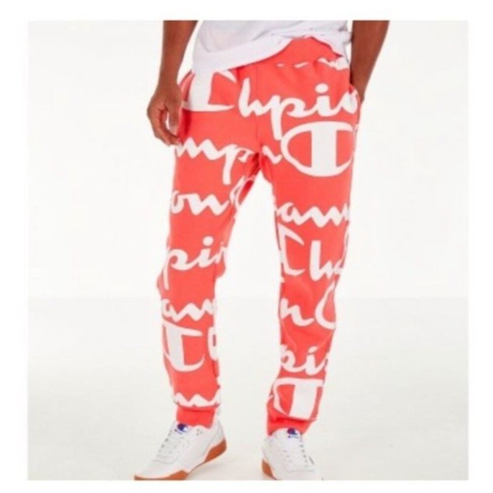 Champion -Men's XL- Reverse Weave Big Spellout All Over Print Joggers Logo PEACH